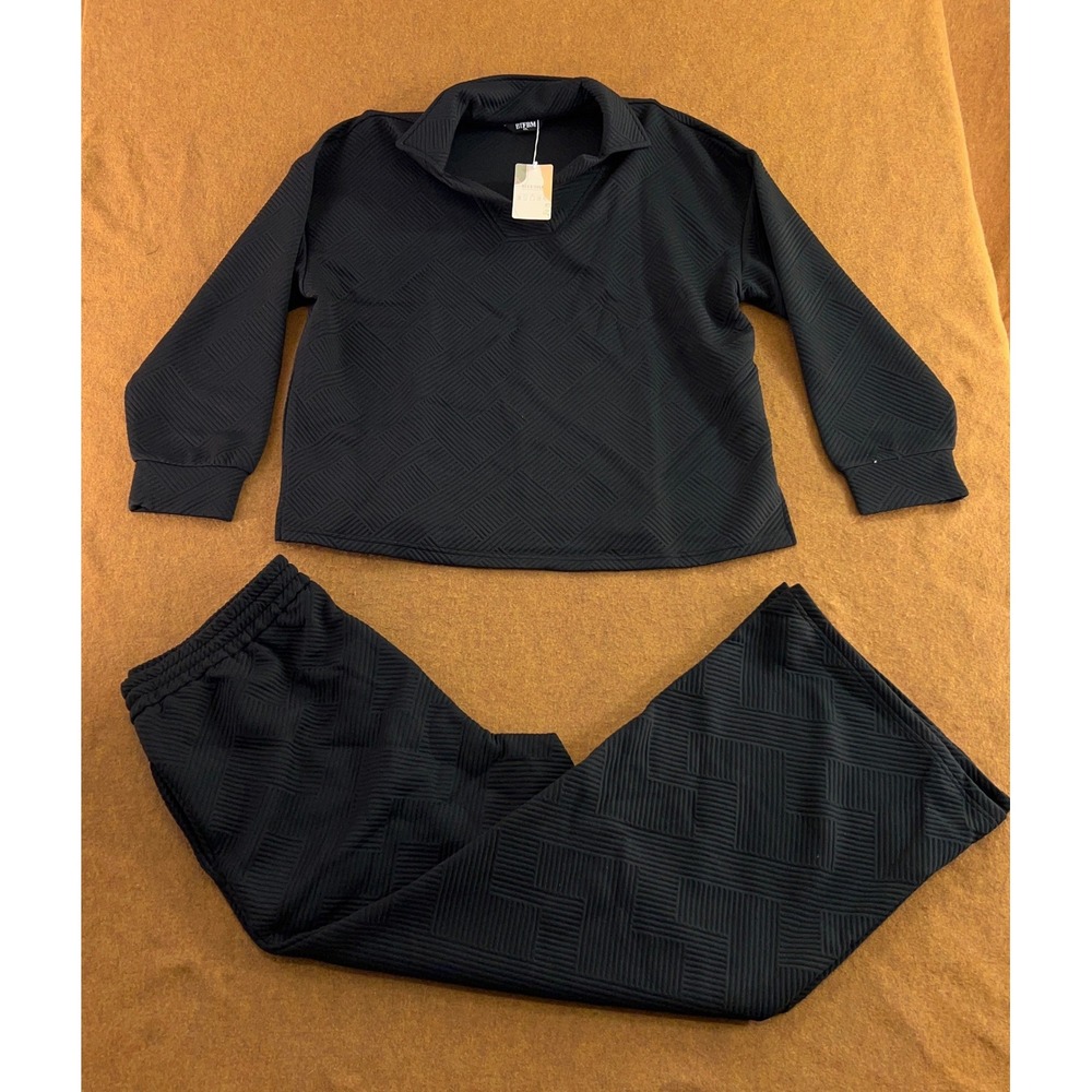 BTFBM Womens XXL Black Quilted Textured 2 Piece Lounge Set Pant Suit NWT